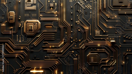 Circuit board inspired geometric design, intricate lines and metallic components