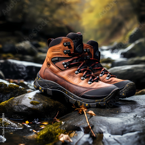 A pair of hiking boots on a rocky trail. 