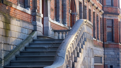 A set of marble stairs curves dramatically up the side of a tall brick building. The elegant steps are frequented by stylish professionals and tourists alike. photo