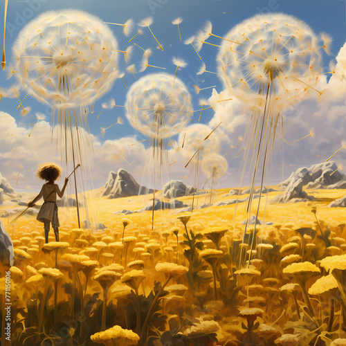 A surreal field of giant dandelions