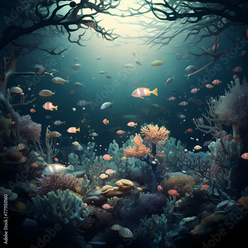 A surreal underwater scene with floating fishes