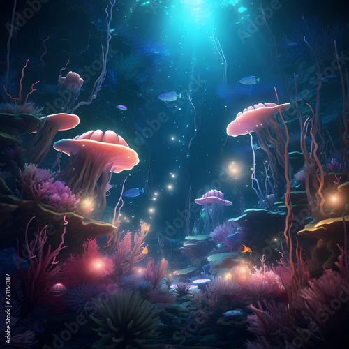 A surreal underwater scene with glowing sea creatures