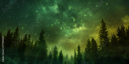 clear and beautiful Fantasy northern lights aurora Nature scenery night sky in winter Adventure expedition vibe Defocus abstract background of the night and long trees.