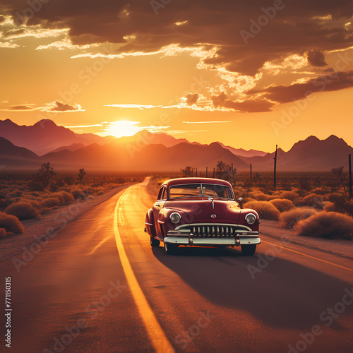 A vintage car on an empty desert highway at sunset  © Cao