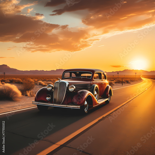 A vintage car on an empty desert highway at sunset  © Cao