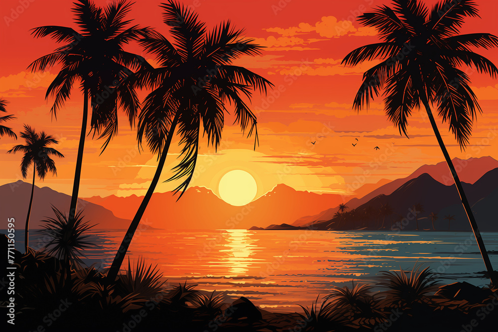 Tropical sunset with palm trees black silhouettes on the beach and with the orange sky. Colorful gradient flat illustration of a palm island for travel poster, retro style landscape wallpaper