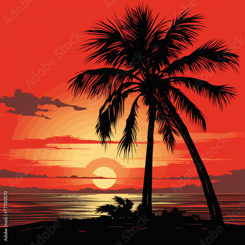 Abstract tropical gradient beach evening landscape with palm tree silhouettes on sunset colorful background. Flat panoramic illustration of a palm island for travel poster, retro style landscape wallp