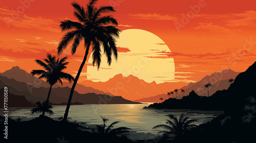 Tropical beach evening landscape with palm tree silhouettes on red orange sky background. Colorful gradient flat illustration of a palm island for travel poster  retro style landscape wallpaper