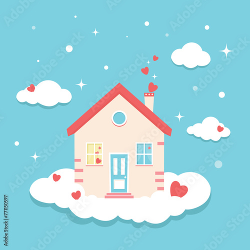 Love home in the sky. Vector illustration. Valentines day. 14 february.
