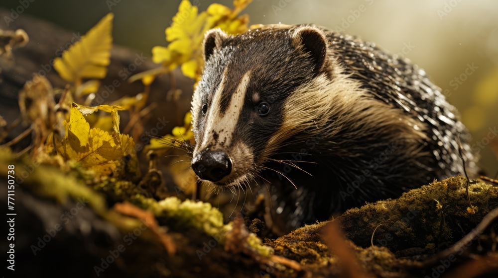 Badger exploring the forest floor, wildlife in natural habitat Badger exploring the forest floor, wildlife in natural habitat