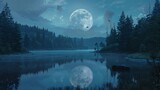 Full moon over quiet lake, mystical night