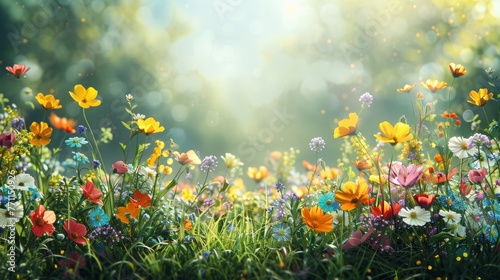 Fresh spring meadow with wildflowers, renewal theme