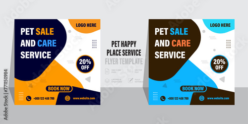 pet care social media post template, Editable modern banner with place for the photo, Pet care and shop square banner template design collection, Usable for social media post, banner, and web ad