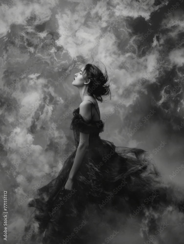 Obraz premium Mysterious woman with face obscured by blur in clouds - Surreal and artistic representation of a woman with her face obscured, may evoke intrigue and mystery