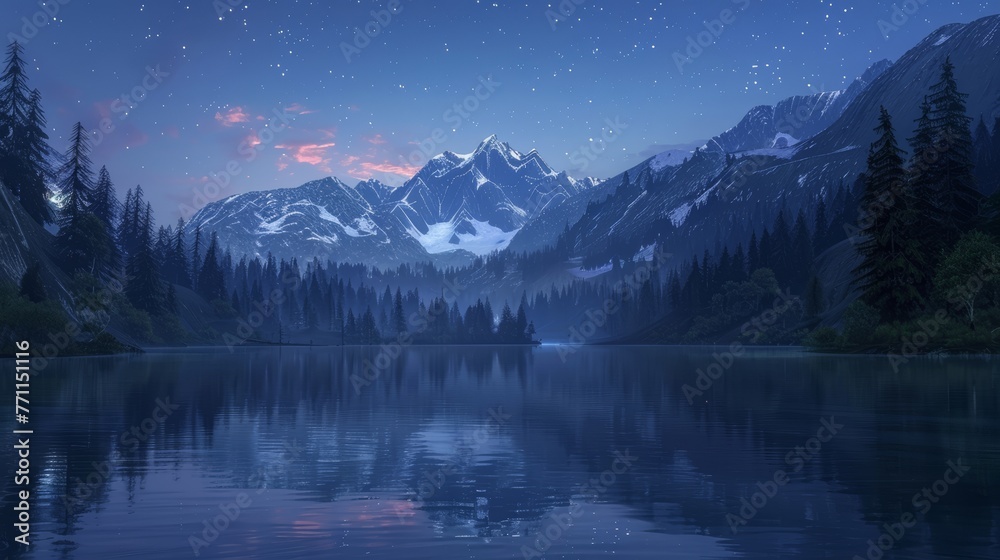 Night sky reflection in mountain lake, serene