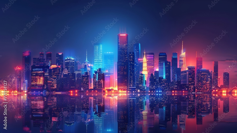 Night view of illuminated skyscrapers, modern cityscape