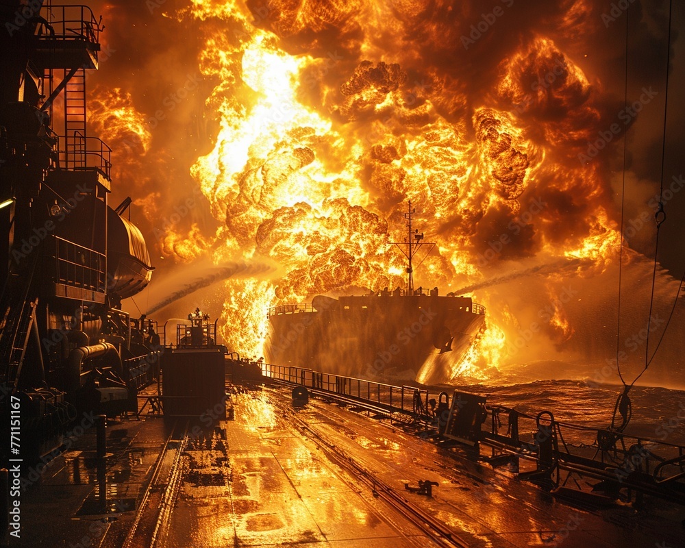 Exploded engine in cargo ship, roaring inferno, crew in panic, high danger