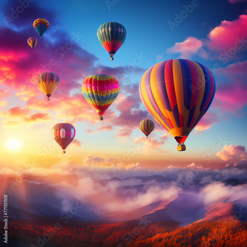 Colorful hot air balloons against a sunrise sky.