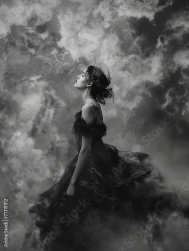 Mysterious woman with face obscured by blur in clouds - Surreal and artistic representation of a woman with her face obscured, may evoke intrigue and mystery