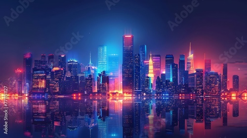 Night view of illuminated skyscrapers, modern cityscape © Anuwat