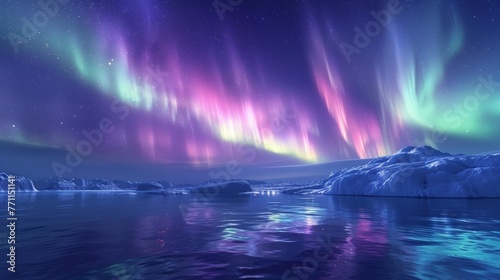 Northern lights over tranquil lake, natural spectacle