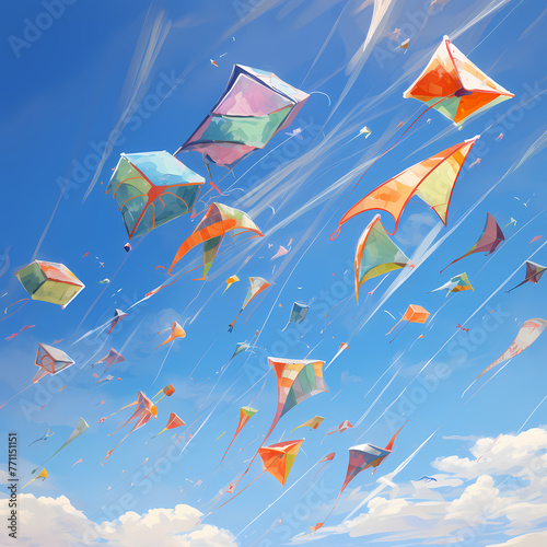 Colorful kites flying against a clear blue sky.