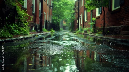 Rain-soaked urban alley, reflective mood