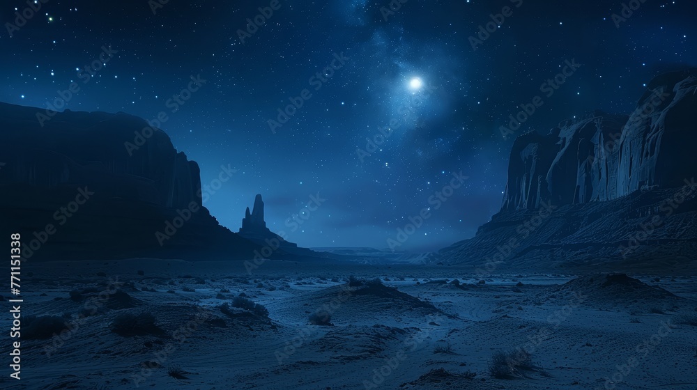 Starry night sky over a desert landscape, universe's mystery