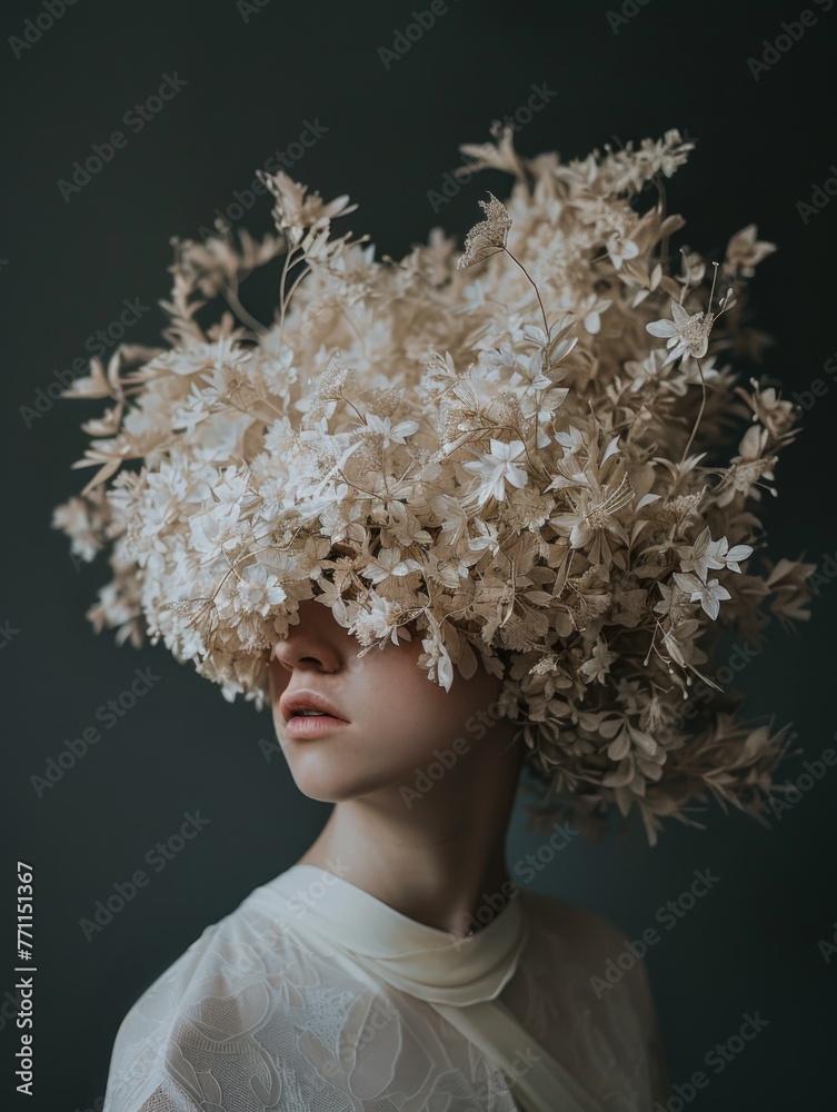 Ethereal Woman Enshrouded in Floral Display - An artistic depiction of a woman with her head replaced by a large, delicate floral arrangement against a dark background