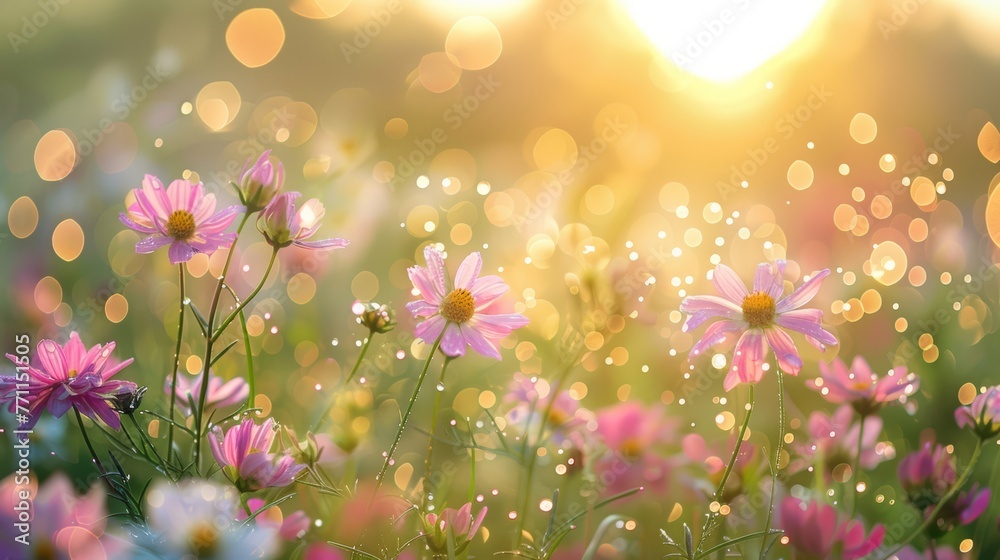 Wildflower meadow at sunrise, dewy freshness - obrazy, fototapety, plakaty 