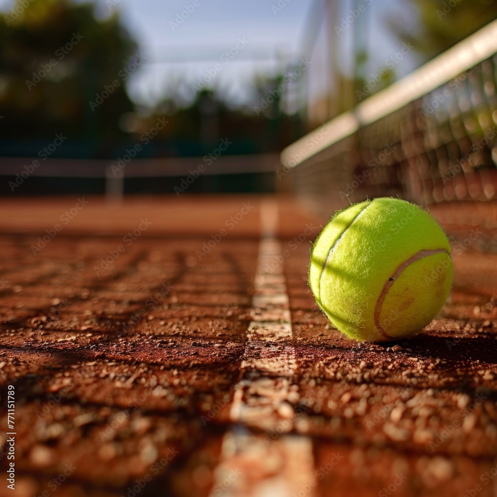 Tennis ball by the net on a tennis court - A close-up image of a tennis ball on the court with a focus on the texture of the ball and court surface