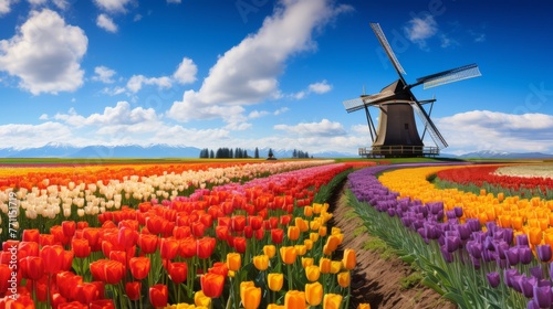 Colorful tulip fields with a windmill in the distance