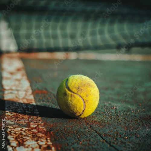 Vintage tennis ball against net and court - A worn tennis ball leans on a net at a vintage-looking court, surely a symbol of tennis history and tradition