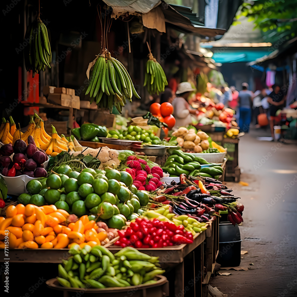 Street market with vibrant fruits and vegetables. 