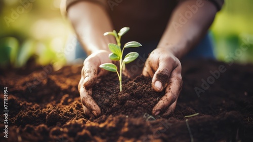 Hands planting organic seeds in fertile soil, with copy space