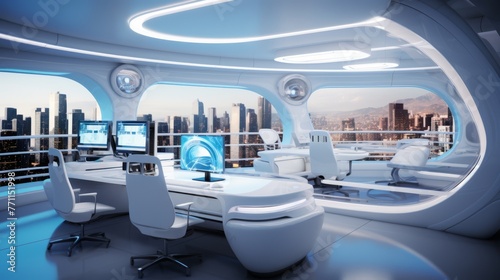 High-tech office environment with futuristic gadgets
