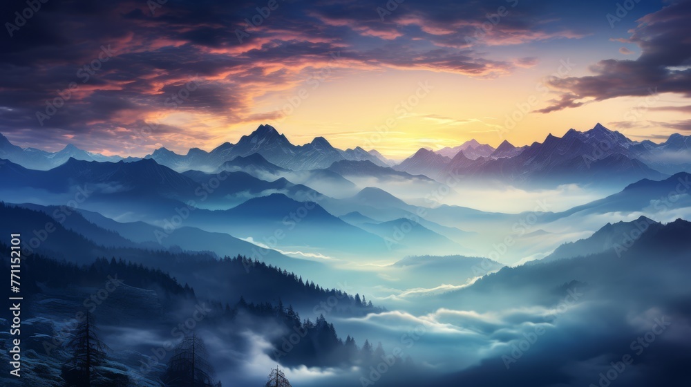 Misty mountain landscape at dawn with vibrant skies