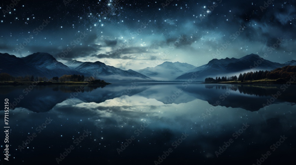 Night sky filled with stars above a tranquil lake