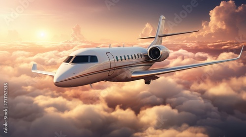 Sleek private jet flying above the clouds