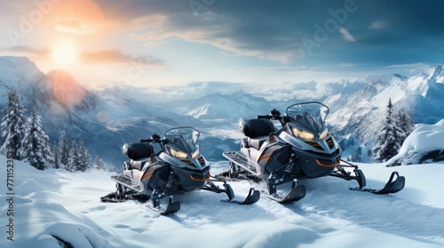 Snowmobiles ready for an adventure in a winter landscape