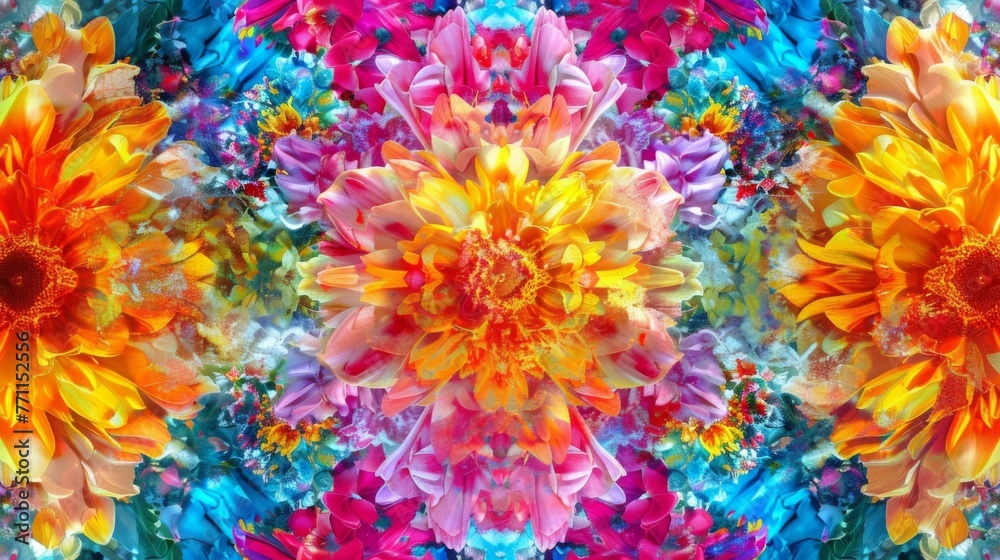 Vibrant blossoms burst into a kaleidoscope of multicolored petals creating a dazzling display of floral explosions. Vibrant blossoms burst into a kaleidoscope of multicolored petals creating a dazzling display of floral explosions.