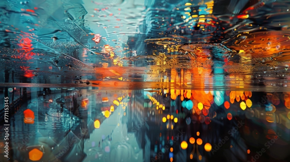 An abstract composition of city structures and lights captured through the distorted lens of a puddle showcasing a whimsical yet stunning beauty. An abstract composition of city structures and lights captured through the distorted lens of a puddle showcasing a whimsical yet stunning beauty.