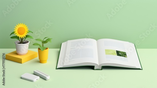 A 3Drendered book on green energy, with pages illustrating the future of solar technology cute, animation, technicolor, illustration