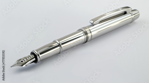 An elegant fountain pen, its silver body gleaming, lying horizontally across a flawless white backdrop