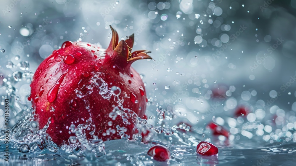 Fresh pomegranate with water splash and scattered seeds on blue background

