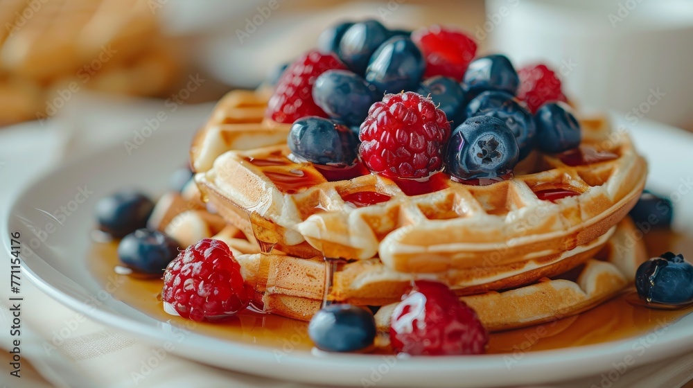 Golden waffles topped with berries and dripping with maple syrup Golden waffles topped with berries and dripping with maple syrup