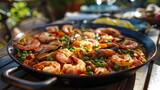 Seafood paella in a black pan with shrimp mussels and fresh vegetables on an outdoor table