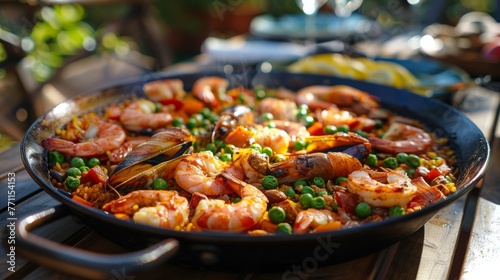 Seafood paella in a black pan with shrimp mussels and fresh vegetables on an outdoor table