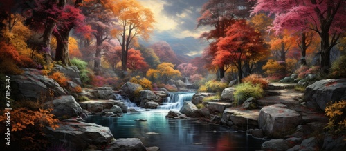 A beautiful painting of a river flowing through a forest, with trees and rocks lining the banks under a cloudy sky, creating a serene natural landscape © AkuAku