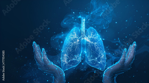Two human hands are holds human lungs. Support healthy lungs concept. Wireframe glowing low poly design on dark blue background. generative ai  photo